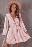 Pink Womens Deep V Neck Lantern Sleeve Knotted Tiered Mini White Dress LC227391-1010