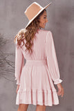 Pink Womens Deep V Neck Lantern Sleeve Knotted Tiered Mini White Dress LC227391-1010