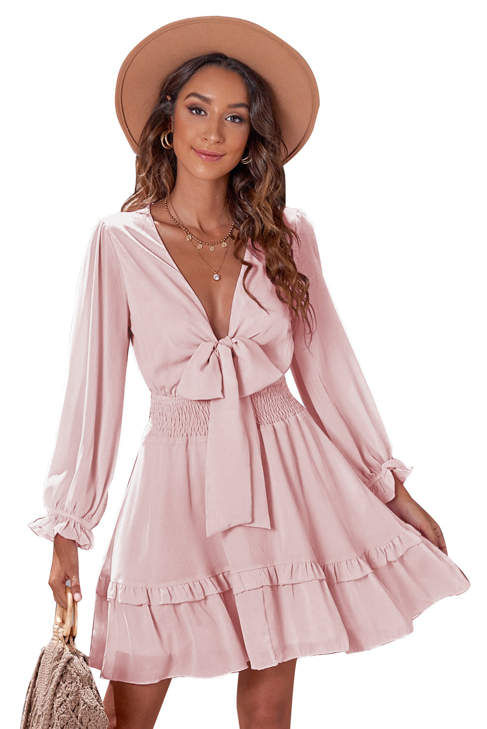 Pink Womens Deep V Neck Lantern Sleeve Knotted Tiered Mini White Dress LC227391-1010