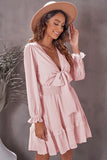 Pink Womens Deep V Neck Lantern Sleeve Knotted Tiered Mini White Dress LC227391-1010