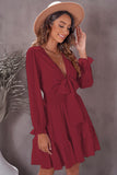 Red Womens Deep V Neck Lantern Sleeve Knotted Tiered Mini White Dress LC227391-3