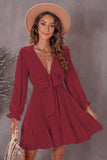 Red Womens Deep V Neck Lantern Sleeve Knotted Tiered Mini White Dress LC227391-3