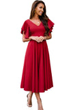 Red V Neck Ruffled Sleeve Empire Waist Flare Long Dress LC617472-3