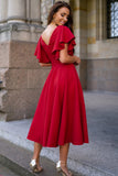 Red V Neck Ruffled Sleeve Empire Waist Flare Long Dress LC617472-3