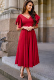Red V Neck Ruffled Sleeve Empire Waist Flare Long Dress LC617472-3