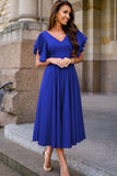 Blue V Neck Ruffled Sleeve Empire Waist Flare Long Dress LC617472-5