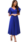 Blue V Neck Ruffled Sleeve Empire Waist Flare Long Dress LC617472-5