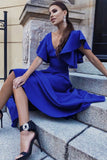 Blue V Neck Ruffled Sleeve Empire Waist Flare Long Dress LC617472-5
