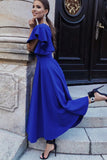 Blue V Neck Ruffled Sleeve Empire Waist Flare Long Dress LC617472-5