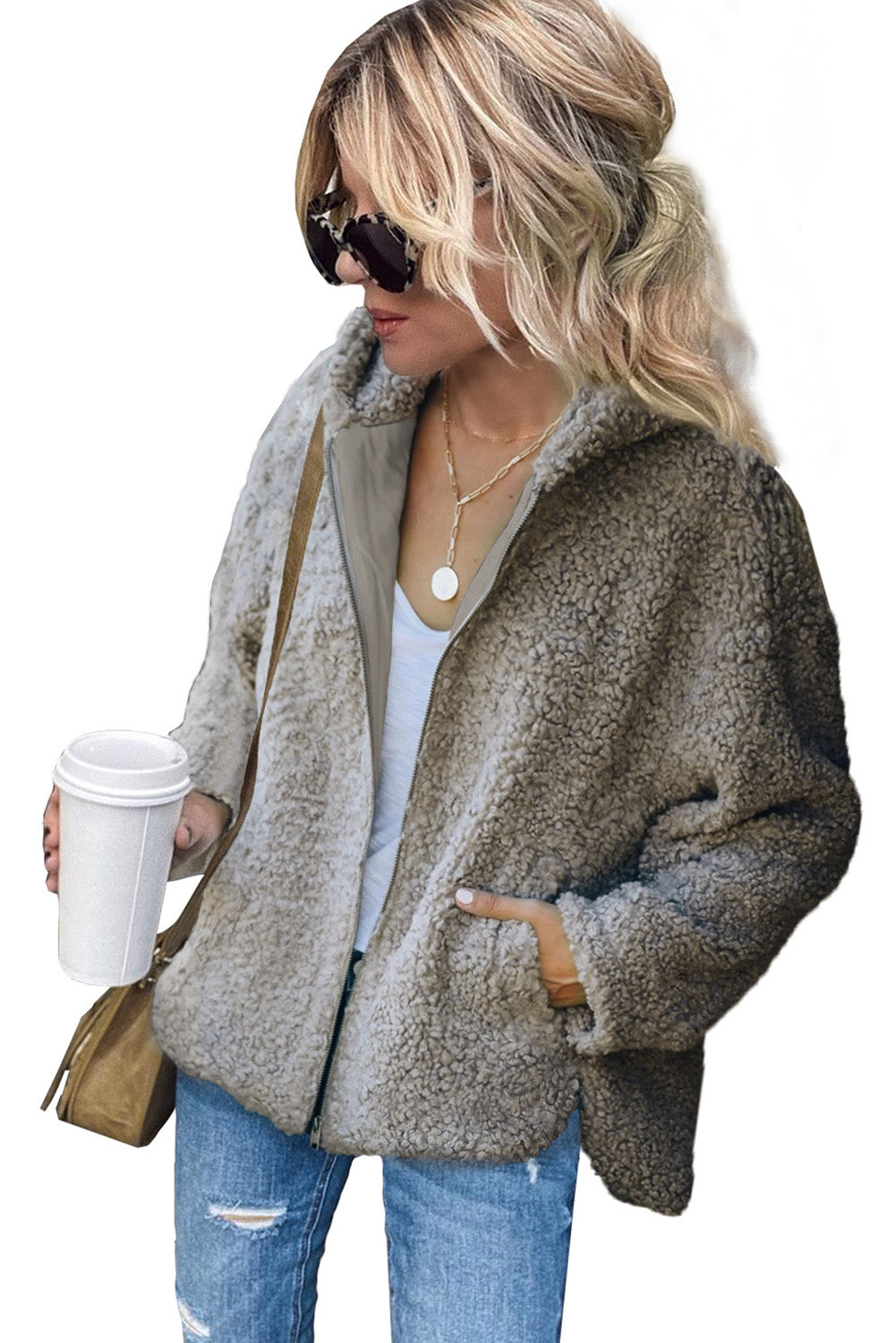 Khaki Womens Full Zip Soft Warm Sherpa Hooded Coat with Pocket LC8511355-16