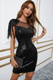 Black Womens Sequin Bodycon Mini Dress Mesh Sleeve Dress with Tassel LC228800-2