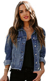 LC8511504-5-S, LC8511504-5-M, LC8511504-5-L, LC8511504-5-XL, LC8511504-5-2XL, Blue Women's Jean Jacket Long Sleeve Lapel Distressed Raw Hem Buttons Denim Coat