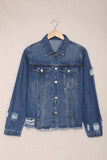 LC8511504-5-S, LC8511504-5-M, LC8511504-5-L, LC8511504-5-XL, LC8511504-5-2XL, Blue Women's Jean Jacket Long Sleeve Lapel Distressed Raw Hem Buttons Denim Coat