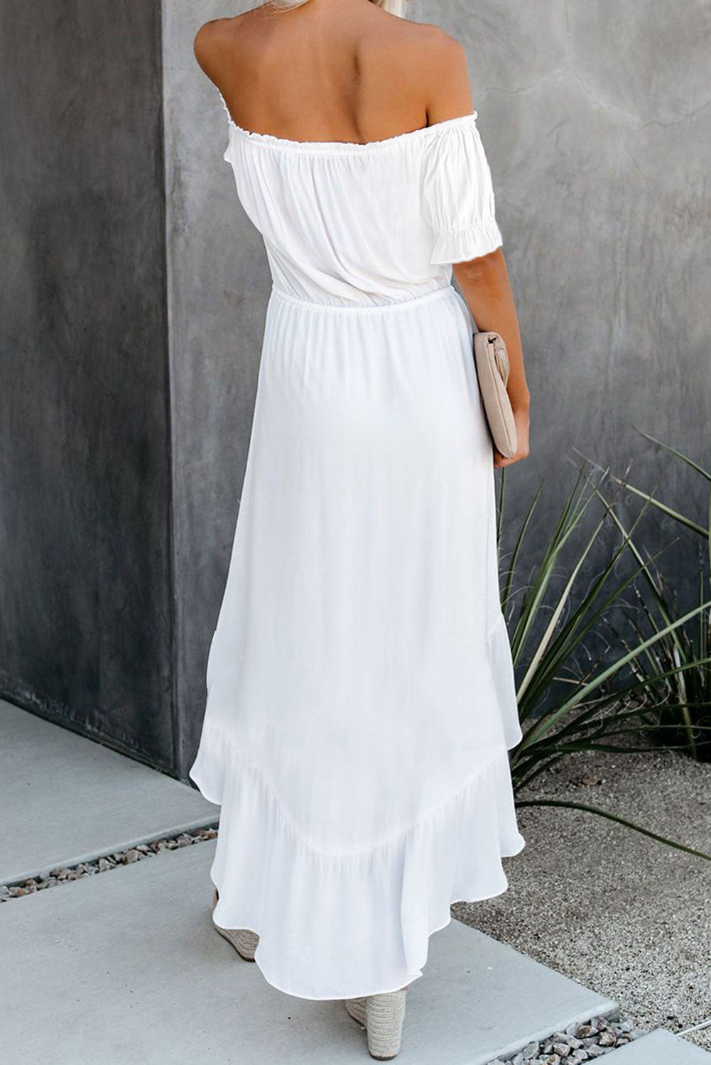 White White Off the Shoulder Dress High Low Maxi Dress  LC611566-1