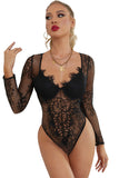 LC32466-2-S, LC32466-2-M, LC32466-2-L, Black Women's Underwire Floral Lace Long Sleeve Bodysuit Mesh Sheer V Neck Top