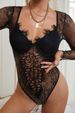 LC32466-2-S, LC32466-2-M, LC32466-2-L, Black Women's Underwire Floral Lace Long Sleeve Bodysuit Mesh Sheer V Neck Top
