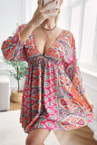 LC221873-22-S, LC221873-22-M, LC221873-22-L, LC221873-22-XL, Multicolor Bohemian 3/4 Sleeve V Neck Vintage Mini Dress for Women