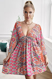 LC221873-22-S, LC221873-22-M, LC221873-22-L, LC221873-22-XL, Multicolor Bohemian 3/4 Sleeve V Neck Vintage Mini Dress for Women