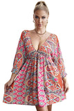 LC221873-22-S, LC221873-22-M, LC221873-22-L, LC221873-22-XL, Multicolor Bohemian 3/4 Sleeve V Neck Vintage Mini Dress for Women