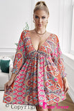 LC221873-22-S, LC221873-22-M, LC221873-22-L, LC221873-22-XL, Multicolor Bohemian 3/4 Sleeve V Neck Vintage Mini Dress for Women