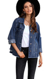 LC8511504-5-S, LC8511504-5-M, LC8511504-5-L, LC8511504-5-XL, LC8511504-5-2XL, Blue Women's Jean Jacket Long Sleeve Lapel Distressed Raw Hem Buttons Denim Coat