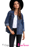 LC8511504-5-S, LC8511504-5-M, LC8511504-5-L, LC8511504-5-XL, LC8511504-5-2XL, Blue Women's Jean Jacket Long Sleeve Lapel Distressed Raw Hem Buttons Denim Coat