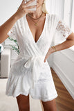 White White Mini Dress Wrap V Neck Floral Lace Short Dress LC224799-1