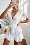 White White Mini Dress Wrap V Neck Floral Lace Short Dress LC224799-1