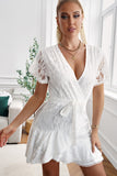 White White Mini Dress Wrap V Neck Floral Lace Short Dress LC224799-1