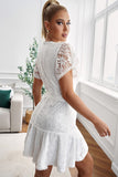 White White Mini Dress Wrap V Neck Floral Lace Short Dress LC224799-1