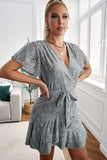 Gray White Mini Dress Wrap V Neck Floral Lace Short Dress LC224799-9