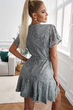 Gray White Mini Dress Wrap V Neck Floral Lace Short Dress LC224799-9