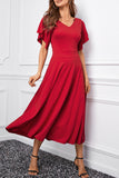 Red V Neck Ruffled Sleeve Empire Waist Flare Long Dress LC617472-3