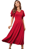 Red V Neck Ruffled Sleeve Empire Waist Flare Long Dress LC617472-3