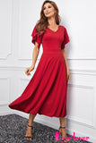 Red V Neck Ruffled Sleeve Empire Waist Flare Long Dress LC617472-3
