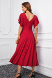 Red V Neck Ruffled Sleeve Empire Waist Flare Long Dress LC617472-3