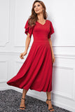 Red V Neck Ruffled Sleeve Empire Waist Flare Long Dress LC617472-3