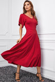 Red V Neck Ruffled Sleeve Empire Waist Flare Long Dress LC617472-3