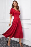 Red V Neck Ruffled Sleeve Empire Waist Flare Long Dress LC617472-3
