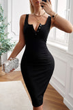Black Sleeveless Tank Dress Buttons Ribbed Knit Bodycon Midi Dress LC224949-2
