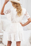 White White Mini Dress Wrap V Neck Floral Lace Short Dress LC224799-1