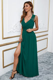 Green Womens V Neck Ruched Lace Splicing Maxi Dress with Side Split LC617432-9