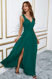 Green Womens V Neck Ruched Lace Splicing Maxi Dress with Side Split LC617432-9