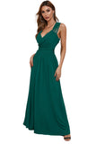 Green Womens V Neck Ruched Lace Splicing Maxi Dress with Side Split LC617432-9