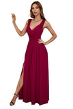 Red Womens V Neck Ruched Lace Splicing Maxi Dress with Side Split LC617432-3