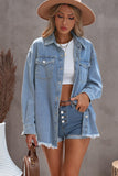 LC8511377-4-S, LC8511377-4-M, LC8511377-4-L, LC8511377-4-XL, LC8511377-4-2XL, Sky Blue Women’s Oversized Shacket Pocket Long Boyfriend Raw Hem Button Jacket