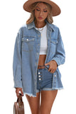 LC8511377-4-S, LC8511377-4-M, LC8511377-4-L, LC8511377-4-XL, LC8511377-4-2XL, Sky Blue Women’s Oversized Shacket Pocket Long Boyfriend Raw Hem Button Jacket