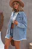 LC8511377-4-S, LC8511377-4-M, LC8511377-4-L, LC8511377-4-XL, LC8511377-4-2XL, Sky Blue Women’s Oversized Shacket Pocket Long Boyfriend Raw Hem Button Jacket