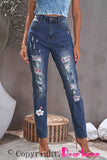 Pink Floral Leopard Ripped Boyfriend Distressed Denim Pants Jeans LC782289-10