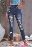 Sky Blue Floral Leopard Ripped Boyfriend Distressed Denim Pants Jeans LC782289-4